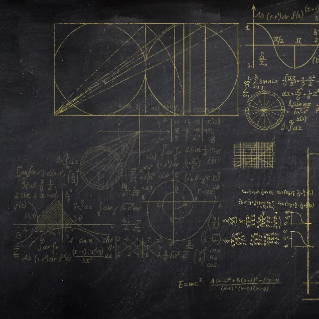 Tapet geometric cu formule matematice, in culori aurii, pe fond negru