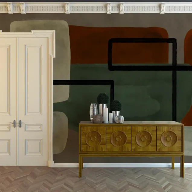 Tapet abstract modern, cu linii curate si nuante de verde, maro si gri, perfect pentru a adauga un element de arta contemporana  in sufragerie, dormitor sau hol.