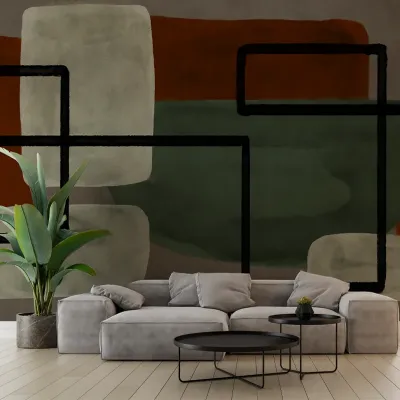 Tapet abstract modern, cu linii curate si nuante de verde, maro si gri, perfect pentru a adauga un element de arta contemporana  in sufragerie, dormitor sau hol.