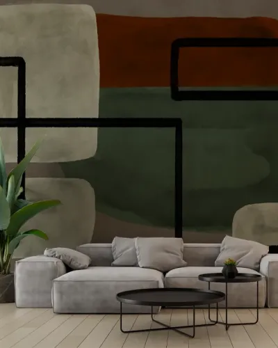 Tapet abstract modern, cu linii curate si nuante de verde, maro si gri, perfect pentru a adauga un element de arta contemporana  in sufragerie, dormitor sau hol.