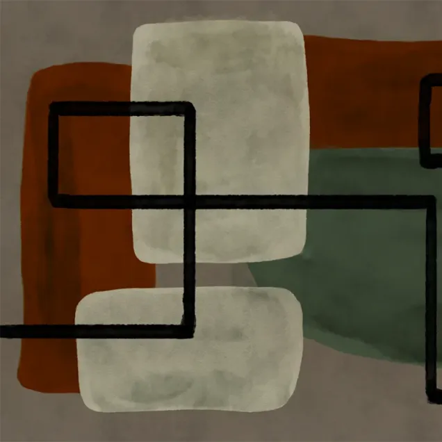 Tapet abstract modern, cu linii curate si nuante de verde, maro si gri, perfect pentru a adauga un element de arta contemporana  in sufragerie, dormitor sau hol.