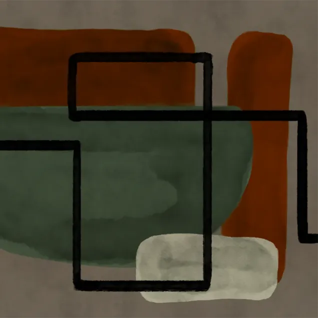 Tapet abstract modern, cu linii curate si nuante de verde, maro si gri, perfect pentru a adauga un element de arta contemporana  in sufragerie, dormitor sau hol.