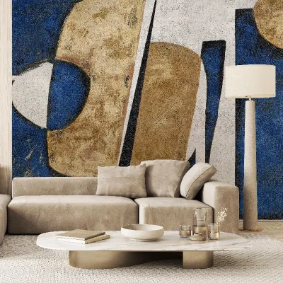Tapet abstract cu culori calde și reci, perfect pentru un living modern