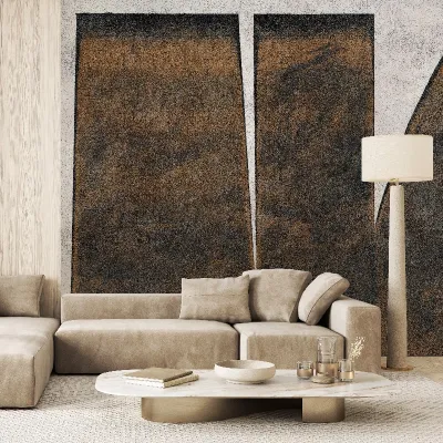 Tapet cu textură unică și culori calde, perfect pentru a decora livingul, dormitorul sau orice altă cameră.
