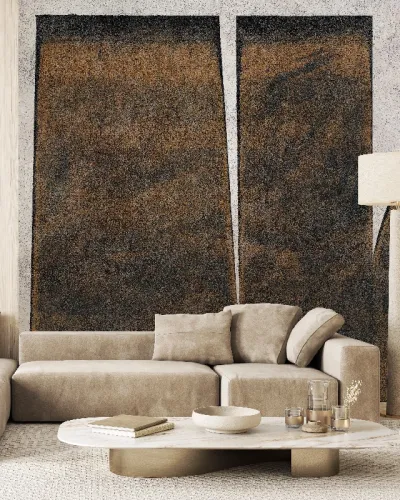 Tapet cu textură unică și culori calde, perfect pentru a decora livingul, dormitorul sau orice altă cameră.