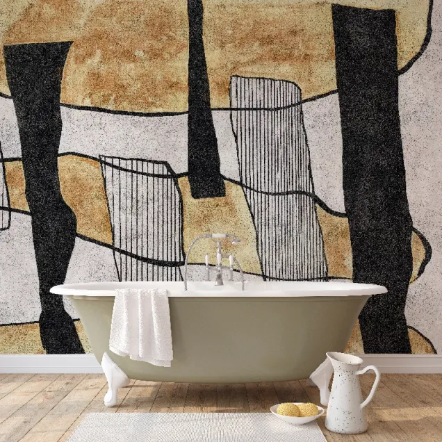 Tapet abstract minimalist cu forme geometrice și linii negre pe un fundal alb cu accente aurii