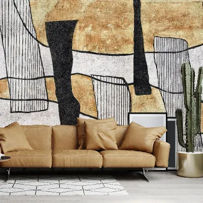 Tapet abstract minimalist cu forme geometrice și linii negre pe un fundal alb cu accente aurii