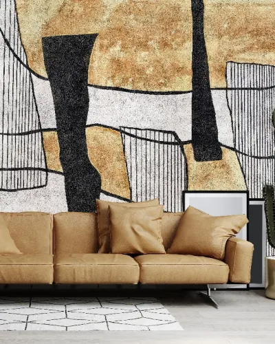 Tapet abstract minimalist cu forme geometrice și linii negre pe un fundal alb cu accente aurii