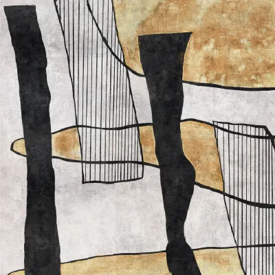 Tapet abstract minimalist cu forme geometrice și linii negre pe un fundal alb cu accente aurii