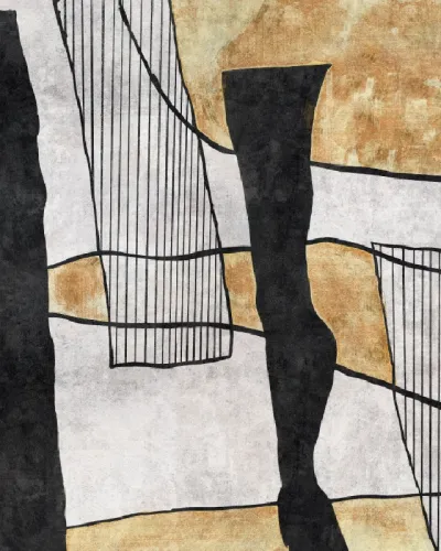 Tapet abstract minimalist cu forme geometrice și linii negre pe un fundal alb cu accente aurii
