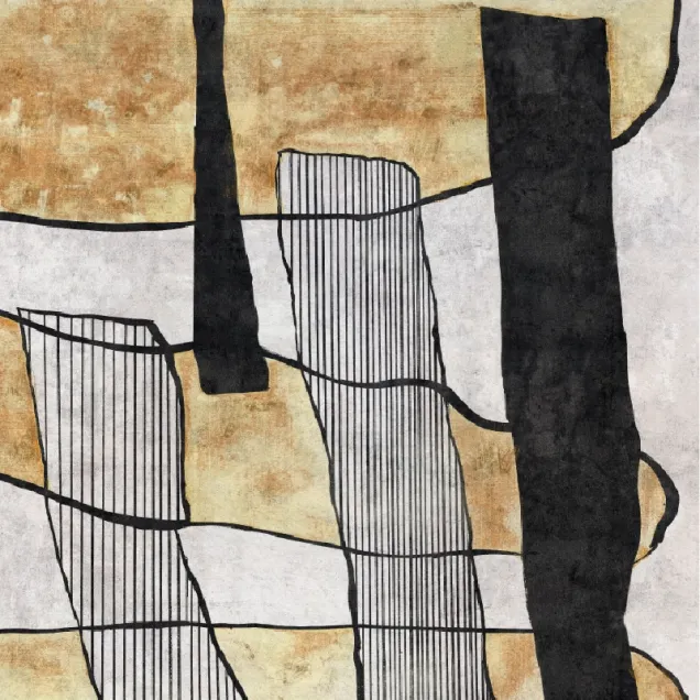 Tapet abstract minimalist cu forme geometrice și linii negre pe un fundal alb cu accente aurii
