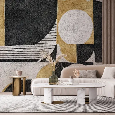 Tapet abstract modern cu forme geometrice în nuanțe de negru, auriu și alb.