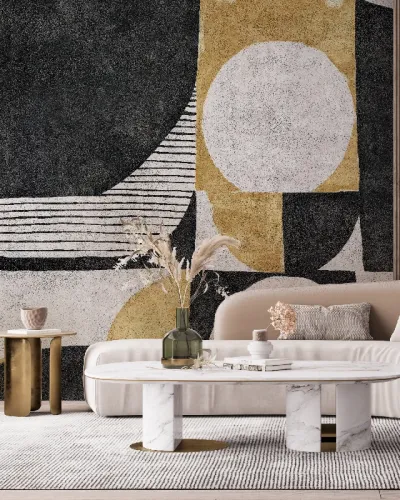 Tapet abstract modern cu forme geometrice în nuanțe de negru, auriu și alb.