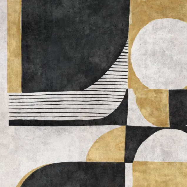 Tapet abstract modern cu forme geometrice în nuanțe de negru, auriu și alb.