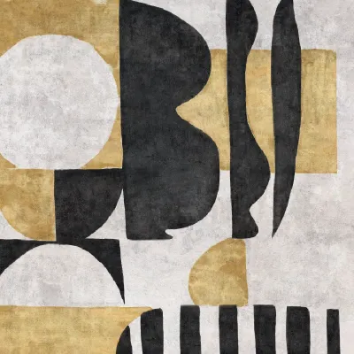 Tapet abstract modern cu forme geometrice în nuanțe de negru, auriu și alb.