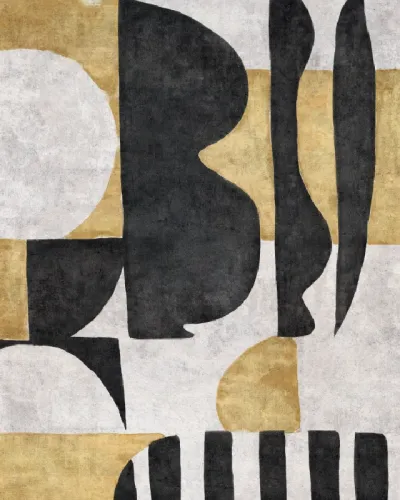 Tapet abstract modern cu forme geometrice în nuanțe de negru, auriu și alb.