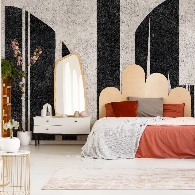 Wallpaper cu dungi verticale in tonuri de gri si negru, ideal pentru un living modern