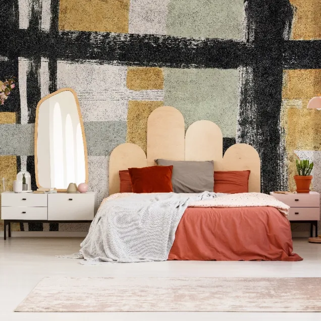 Tapet personalizat Archetype cu design modern, minimalist, cu accente de negru, gri și galben auriu.