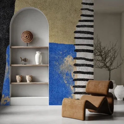 Tapet modern abstract, cu nuanțe de albastru, galben și negru, cu accente geometrice și texturi subtile