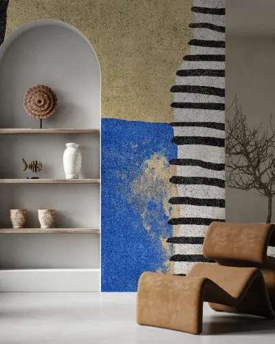 Tapet modern abstract, cu nuanțe de albastru, galben și negru, cu accente geometrice și texturi subtile