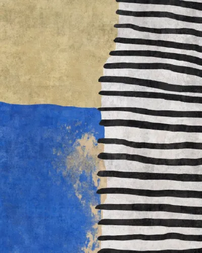 Tapet modern abstract, cu nuanțe de albastru, galben și negru, cu accente geometrice și texturi subtile