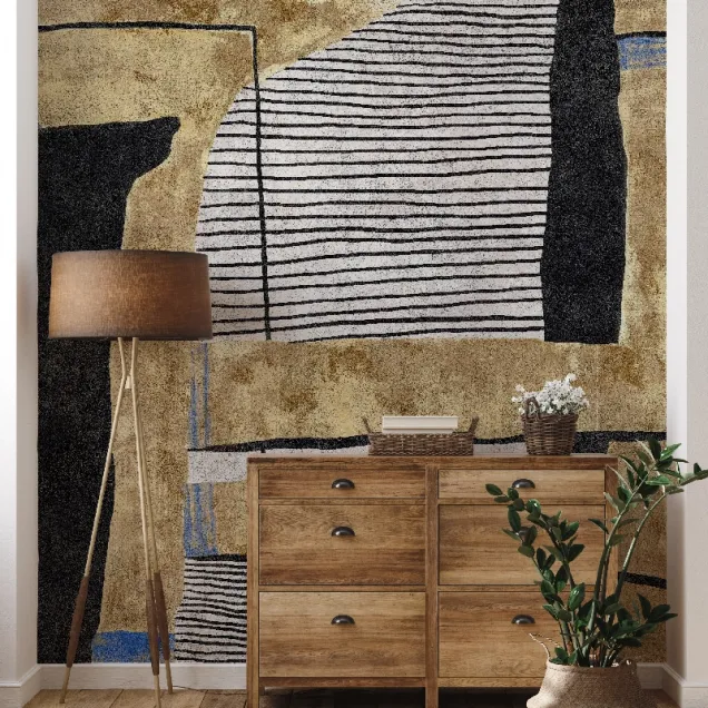 Tapet personalizat cu design abstract, cu forme geometrice și texturi delicate, în nuanțe de negru, gri și auriu, montat pe peretele unui dormitor modern.