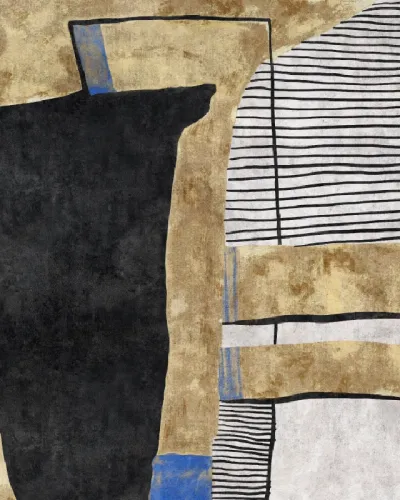 Tapet personalizat cu design abstract, cu forme geometrice și texturi delicate, în nuanțe de negru, gri și auriu, montat pe peretele unui dormitor modern.