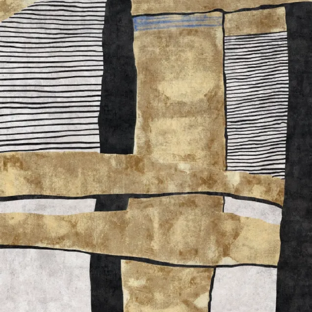 Tapet personalizat cu design abstract, cu forme geometrice și texturi delicate, în nuanțe de negru, gri și auriu, montat pe peretele unui dormitor modern.