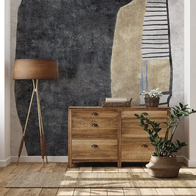 Wallpaper cu design abstract modern în culori neutre și accente de albastru.