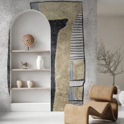 Wallpaper cu design abstract modern în culori neutre și accente de albastru.