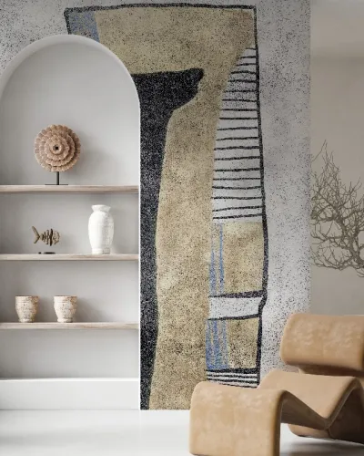 Wallpaper cu design abstract modern în culori neutre și accente de albastru.