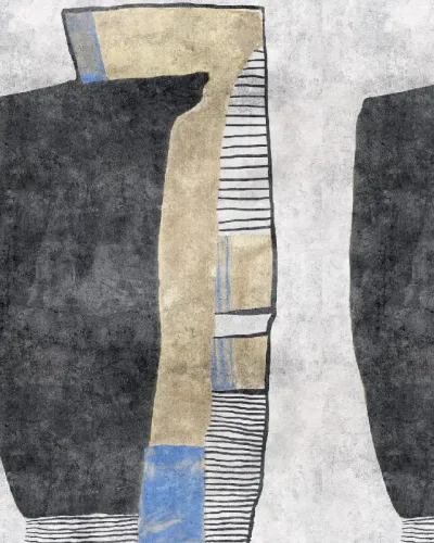 Wallpaper cu design abstract modern în culori neutre și accente de albastru.