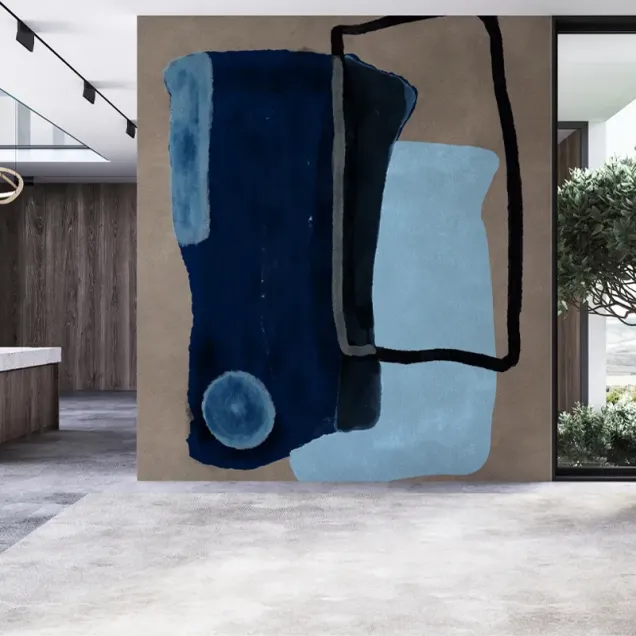 Tapet modern abstract cu nuanțe de albastru și gri, perfect pentru a adăuga eleganță și rafinament camerei dumneavoastră.