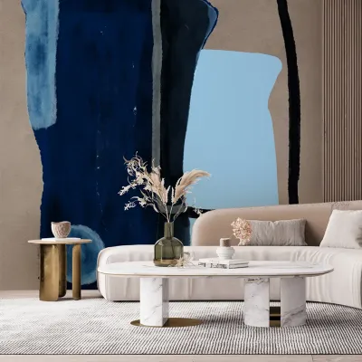 Tapet modern abstract cu nuanțe de albastru și gri, perfect pentru a adăuga eleganță și rafinament camerei dumneavoastră.