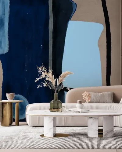 Tapet modern abstract cu nuanțe de albastru și gri, perfect pentru a adăuga eleganță și rafinament camerei dumneavoastră.
