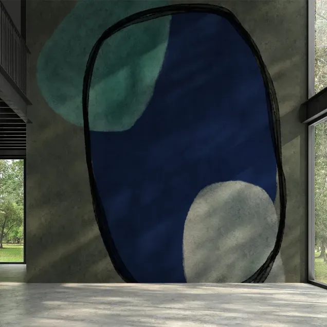 Tapet abstract cu nuanțe de albastru, gri și verde, perfect pentru decorarea livingului sau a dormitorului.