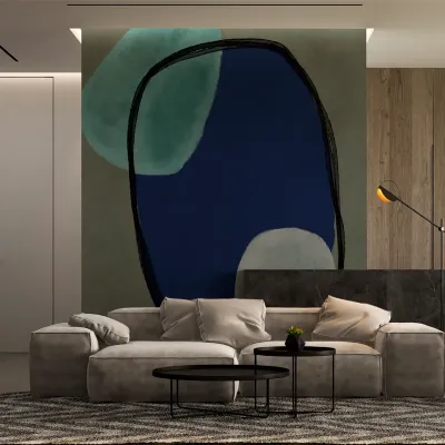 Tapet abstract cu nuanțe de albastru, gri și verde, perfect pentru decorarea livingului sau a dormitorului.