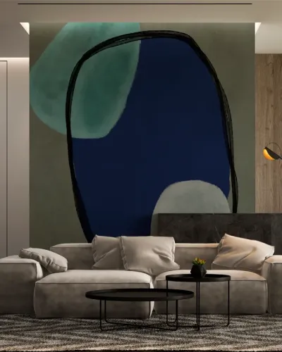 Tapet abstract cu nuanțe de albastru, gri și verde, perfect pentru decorarea livingului sau a dormitorului.