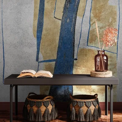 Tapet abstract modern, cu culori albastru, bej și gri, perfect pentru decorarea pereților din living, dormitor sau birou.