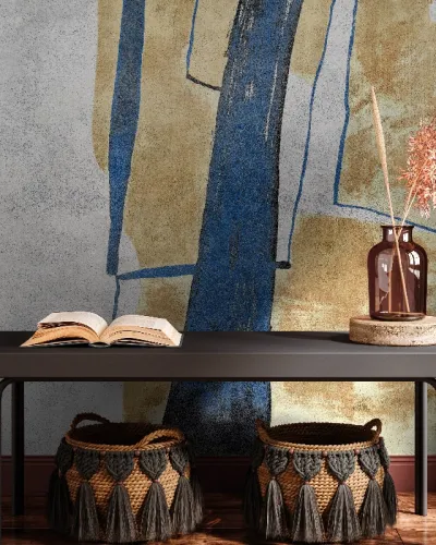 Tapet abstract modern, cu culori albastru, bej și gri, perfect pentru decorarea pereților din living, dormitor sau birou.