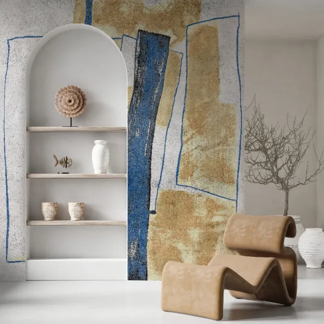 Tapet abstract modern, cu culori albastru, bej și gri, perfect pentru decorarea pereților din living, dormitor sau birou.