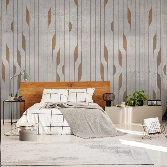 Tapet personalizat cu design abstract în nuanțe neutre, aplicat într-un dormitor modern.