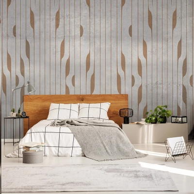 Tapet personalizat cu design abstract în nuanțe neutre, aplicat într-un dormitor modern.