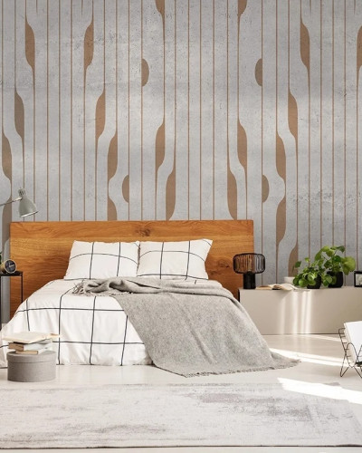 Tapet personalizat cu design abstract în nuanțe neutre, aplicat într-un dormitor modern.