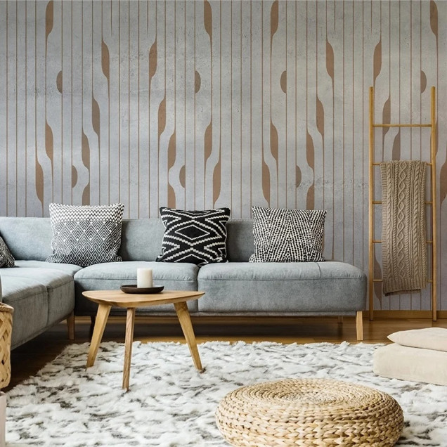 Tapet personalizat cu design abstract în nuanțe neutre, aplicat într-un dormitor modern.