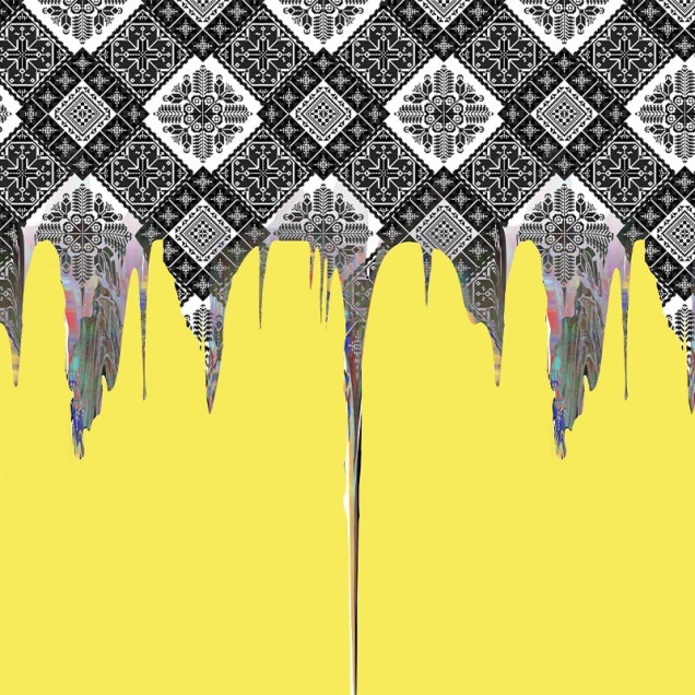 Fototapet cu design abstract alb-negru și galben