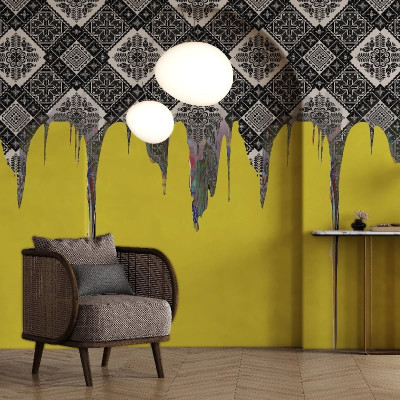 Fototapet cu design abstract alb-negru și galben