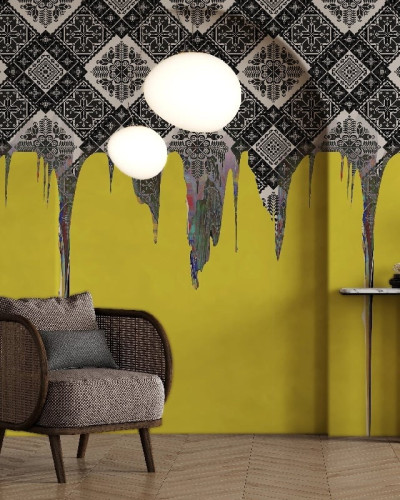 Fototapet cu design abstract alb-negru și galben
