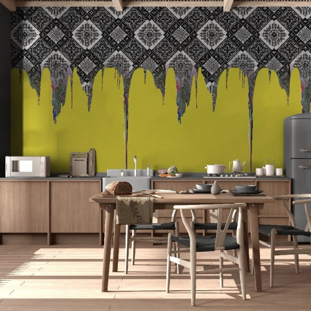 Fototapet cu design abstract alb-negru și galben