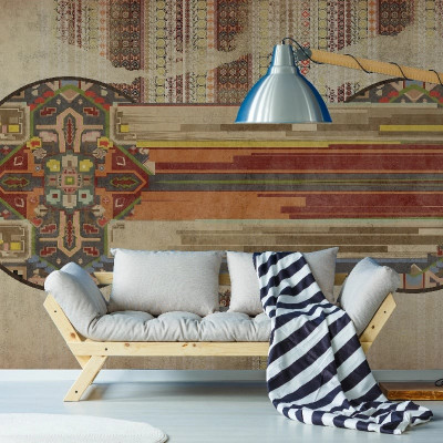 Tapet modern cu design abstract, cu un model geometric vibrant, in nuante de gri, rosu, galben si albastru